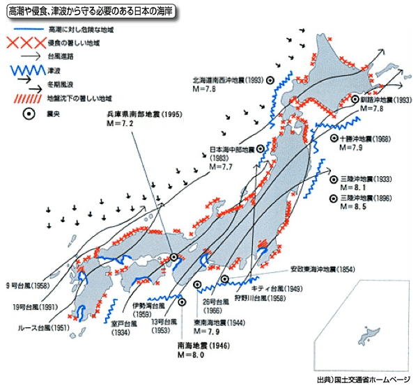 図　高潮や侵食、津波から守る必要のある日本の海岸
